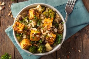 Homemade Quinoa Tofu Bowl with Roasted Veggies and Herbs