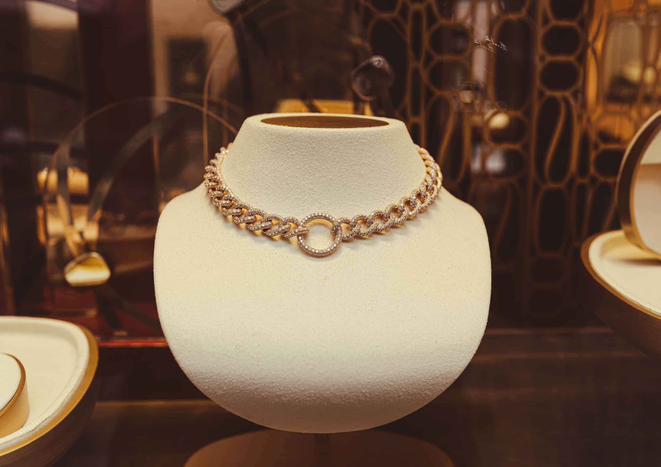 Luxury jewellery displayed in a boutique, the kind of considered purchase wealthy audiences research on YouTube before buying